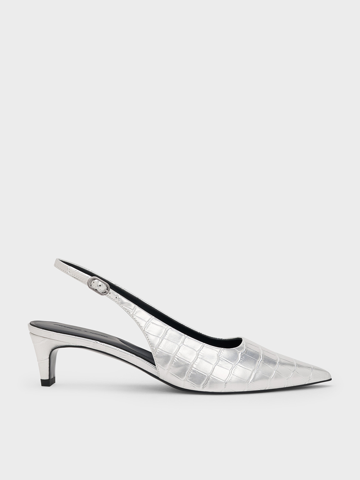 Charles & Keith - Croc-effect Pointed-toe Kitten-heel Slingback Pumps In Animal Print Silver