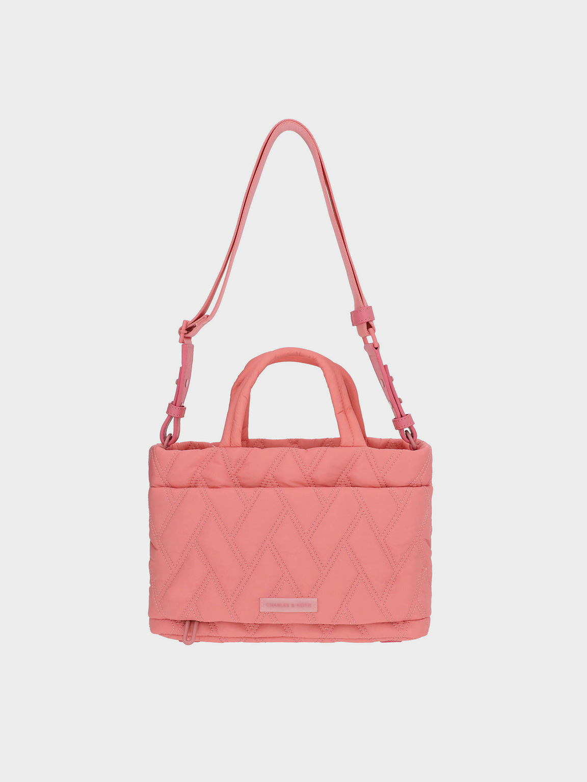 Charles & Keith - Nylon Chevron Boxy Tote Bag In Guava Pink