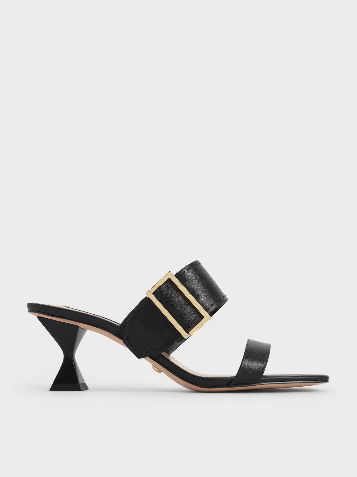 

Leather Metallic Buckle Spool Heel Mules, Black