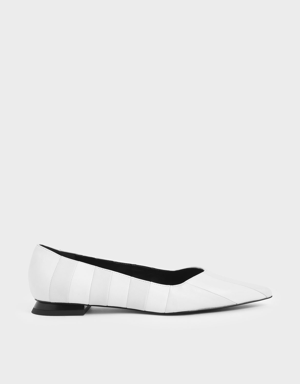 

Wrinkled Leather Striped Ballerina Flats, White