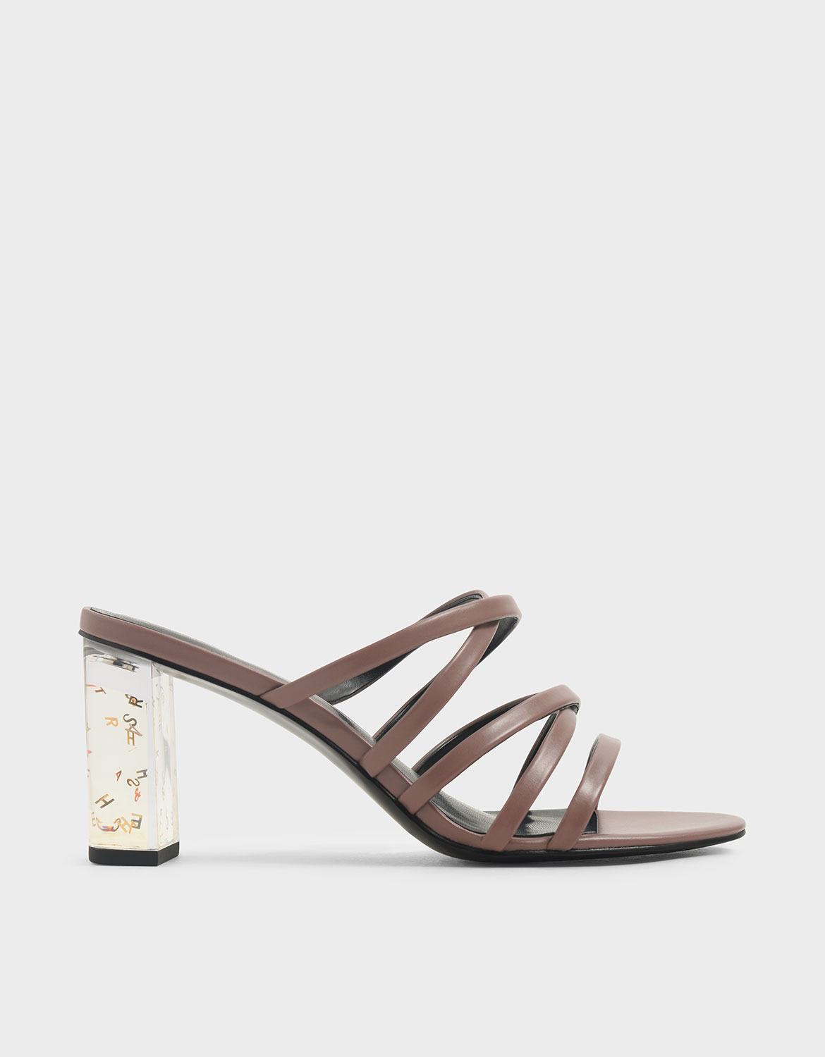 

Strappy Lucite Heel Mules, Mauve