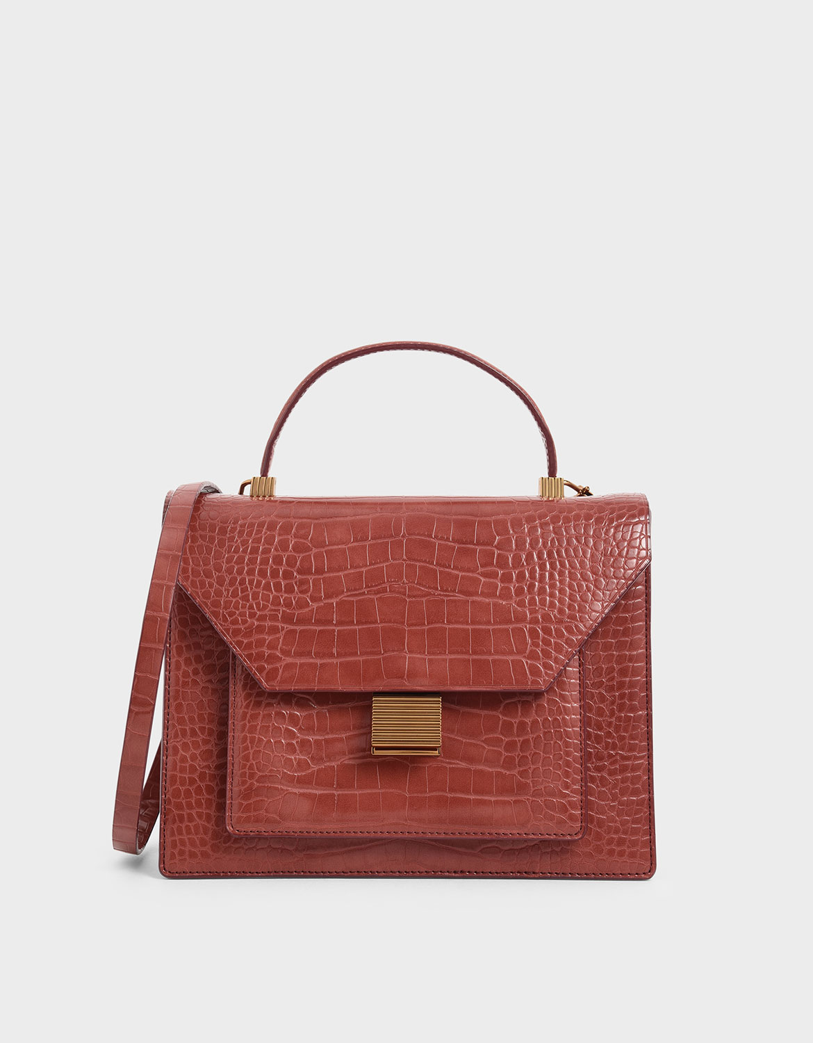 

Croc-Effect Top Handle Bag, Clay