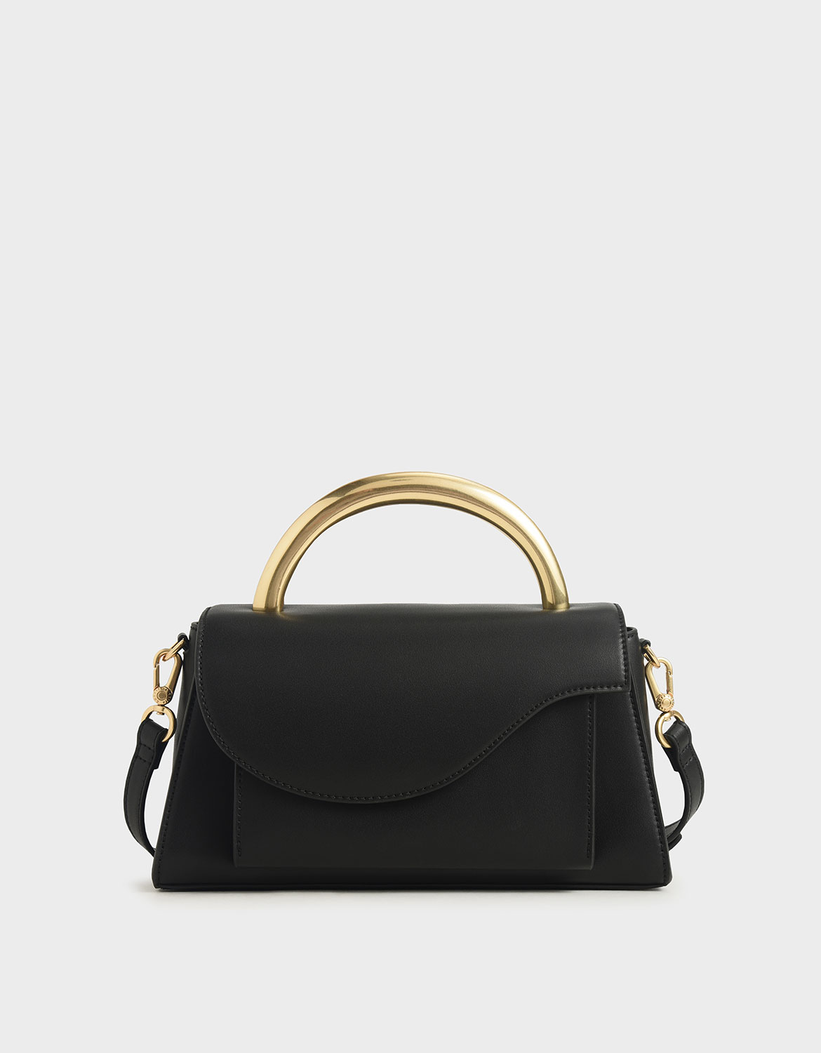 

Angular Flap Metallic Top Handle Bag, Black