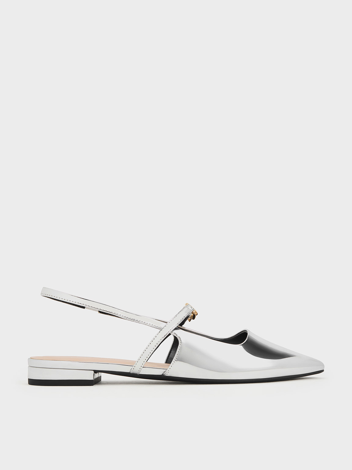 Charles & Keith Metallic-accent Pointed-toe Slingback Flats In Silver