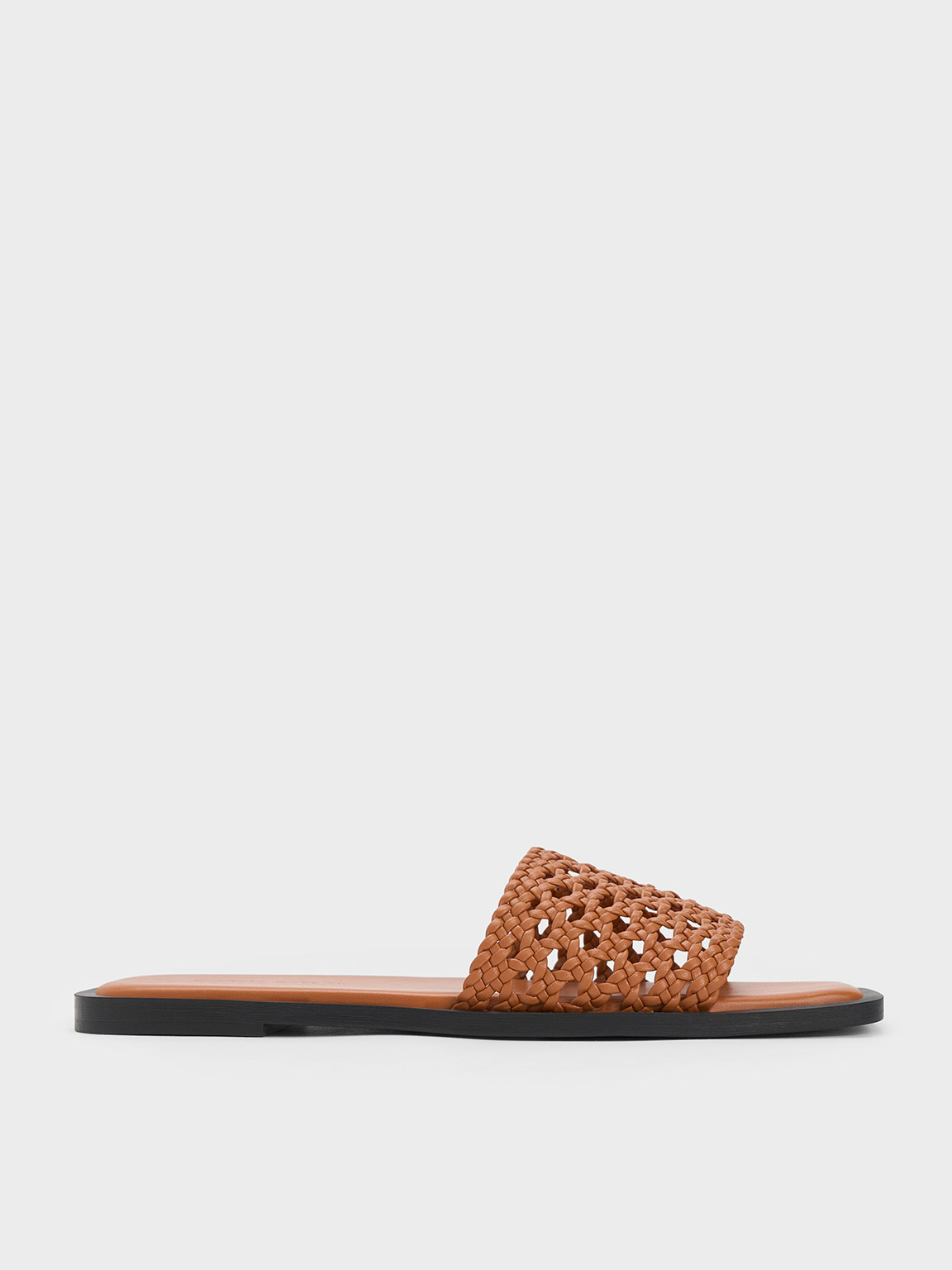 Charles & Keith Woven Square-toe Slides In Cognac