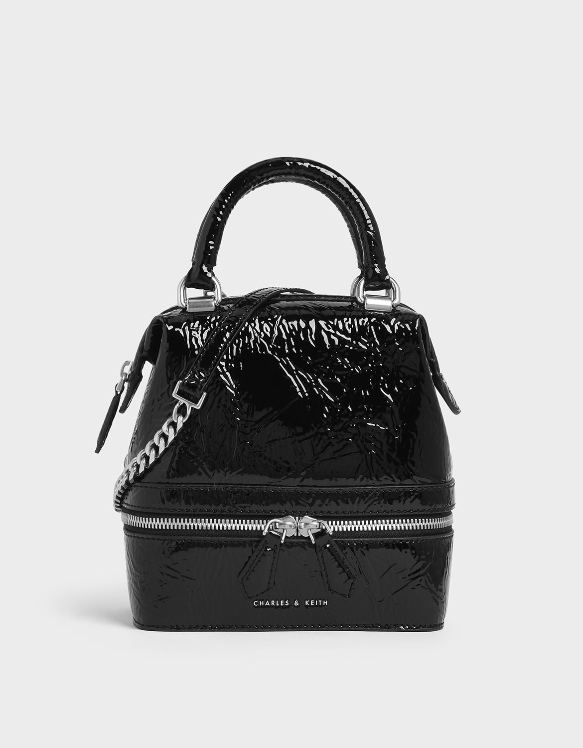 

Wrinkled Patent Two-Way Zip Boxy Bag, Black
