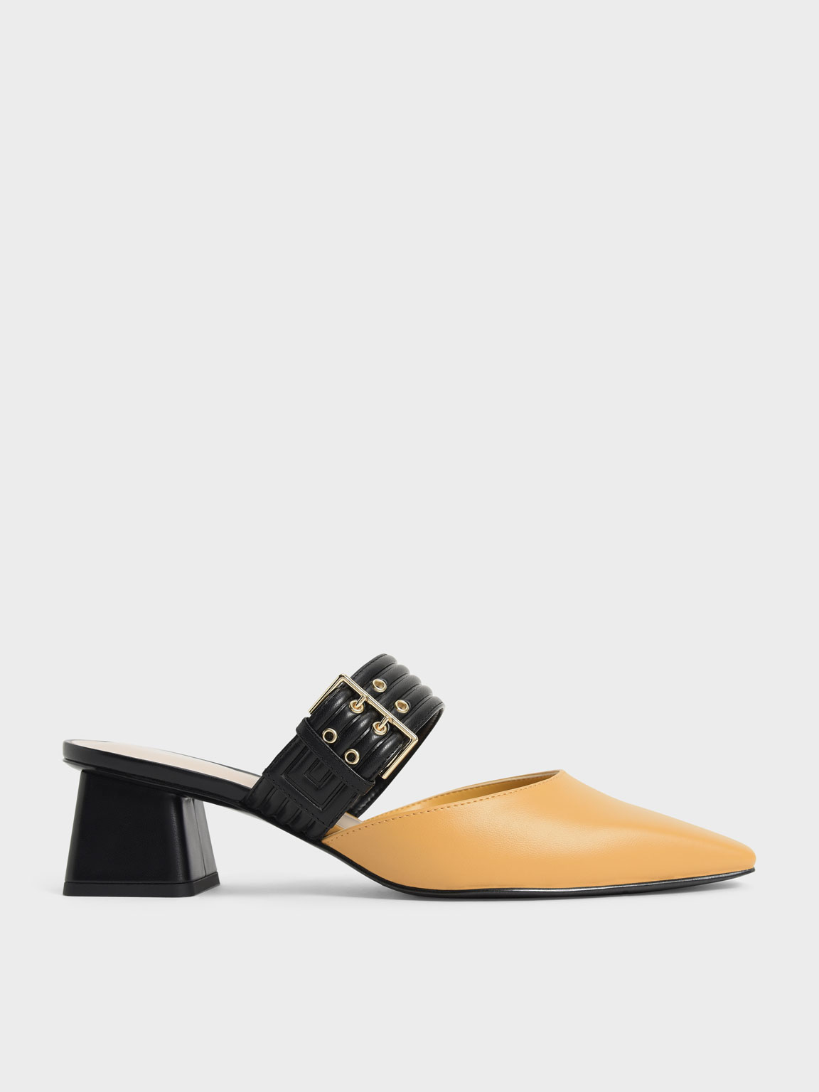 

Two-Tone Grommet Strap Mules, Yellow