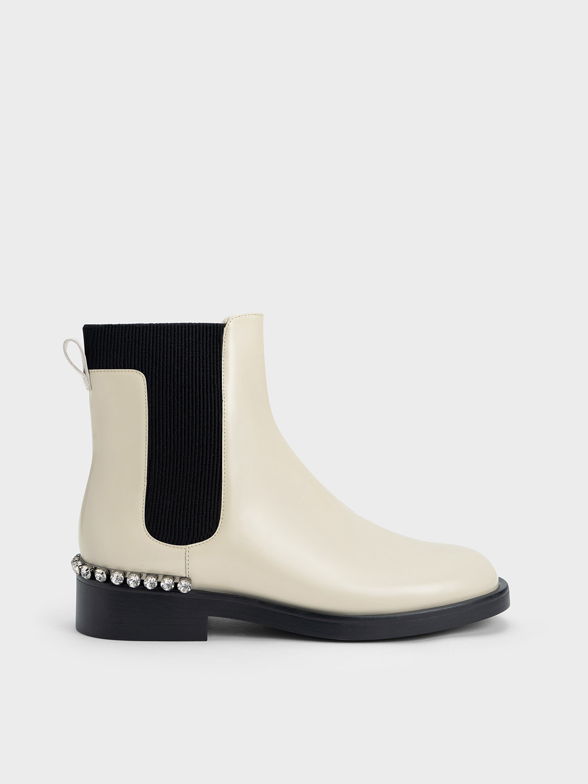 Charles & Keith Leather Gem-embellished Chelsea Boots In Chalk
