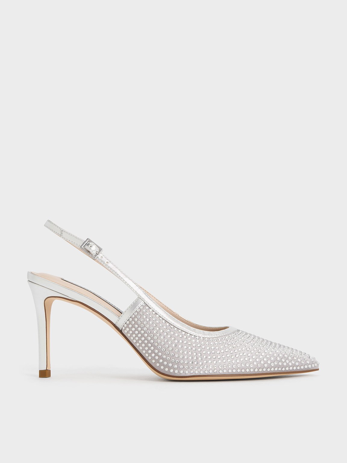 Charles & Keith Satin Crystal-embellished Slingback Pumps In Silver