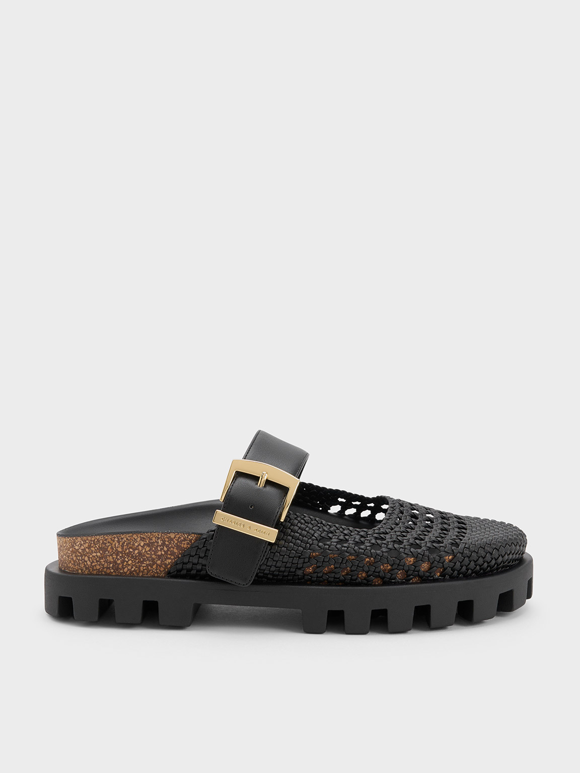 Charles & Keith Woven Buckled Flat Mules In Black