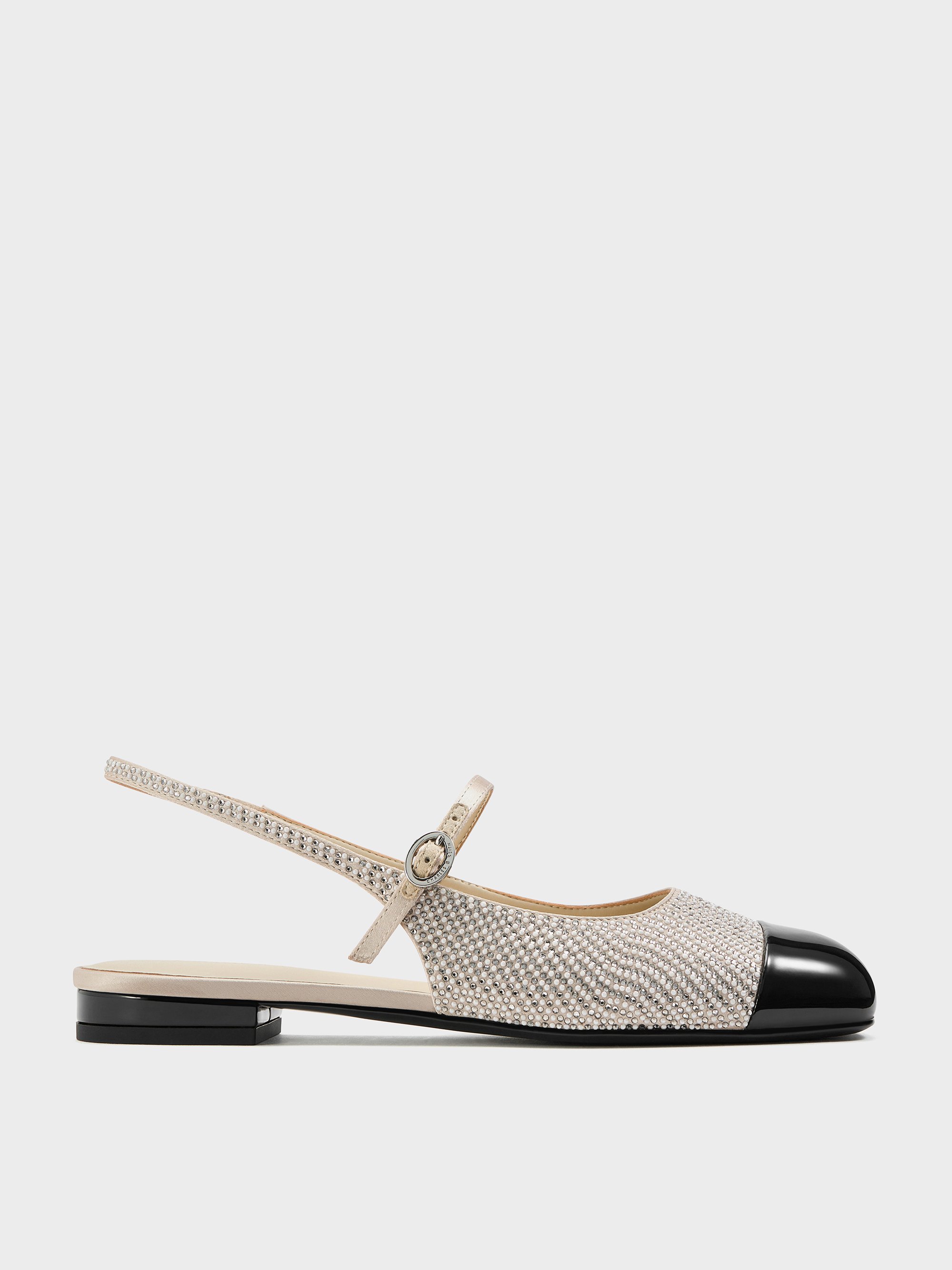 Charles & Keith - Pearl & Crystal-embellished Cap-toe Slingback Mary Jane Flats In Gold