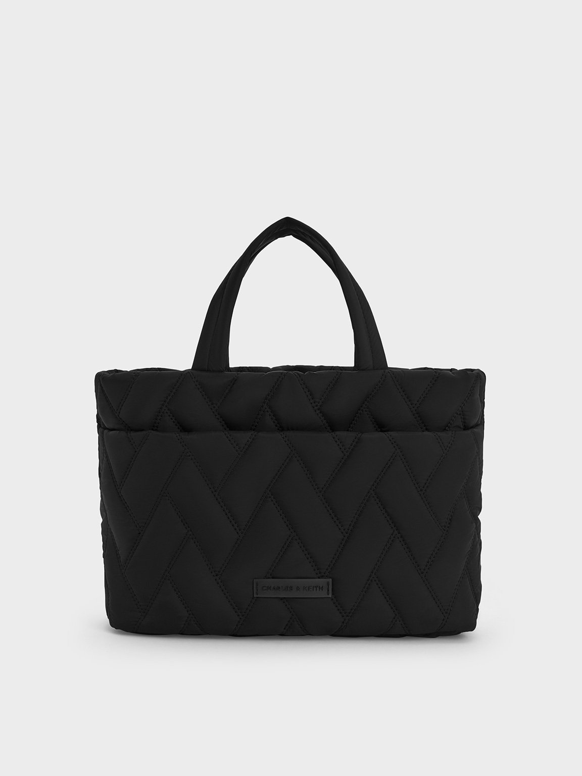 Charles & Keith - Nylon Chevron Boxy Tote Bag In Jet Black