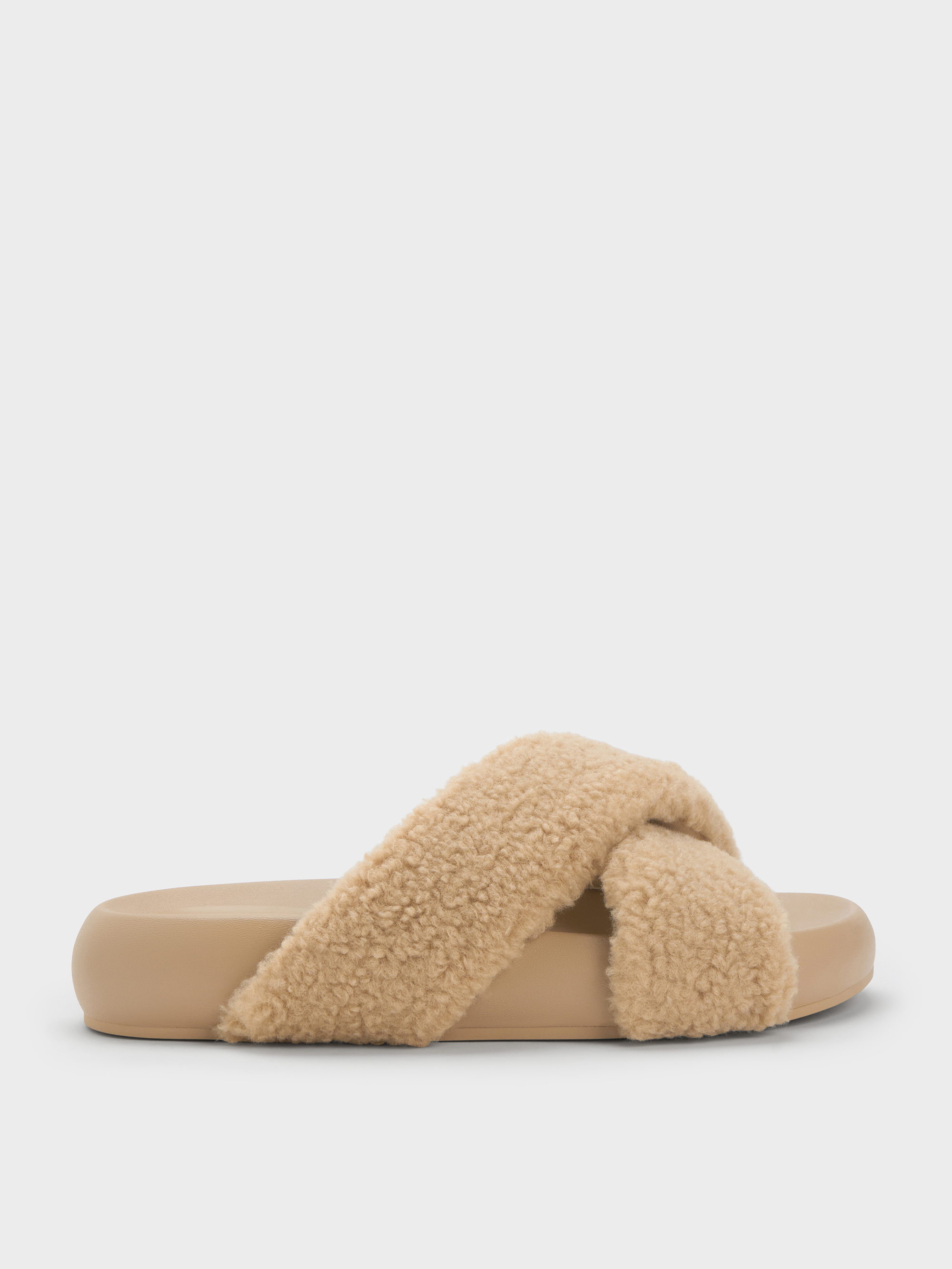 Charles & Keith - Lumi Faux Shearling Crossover-strap Slide Sandals In Brown