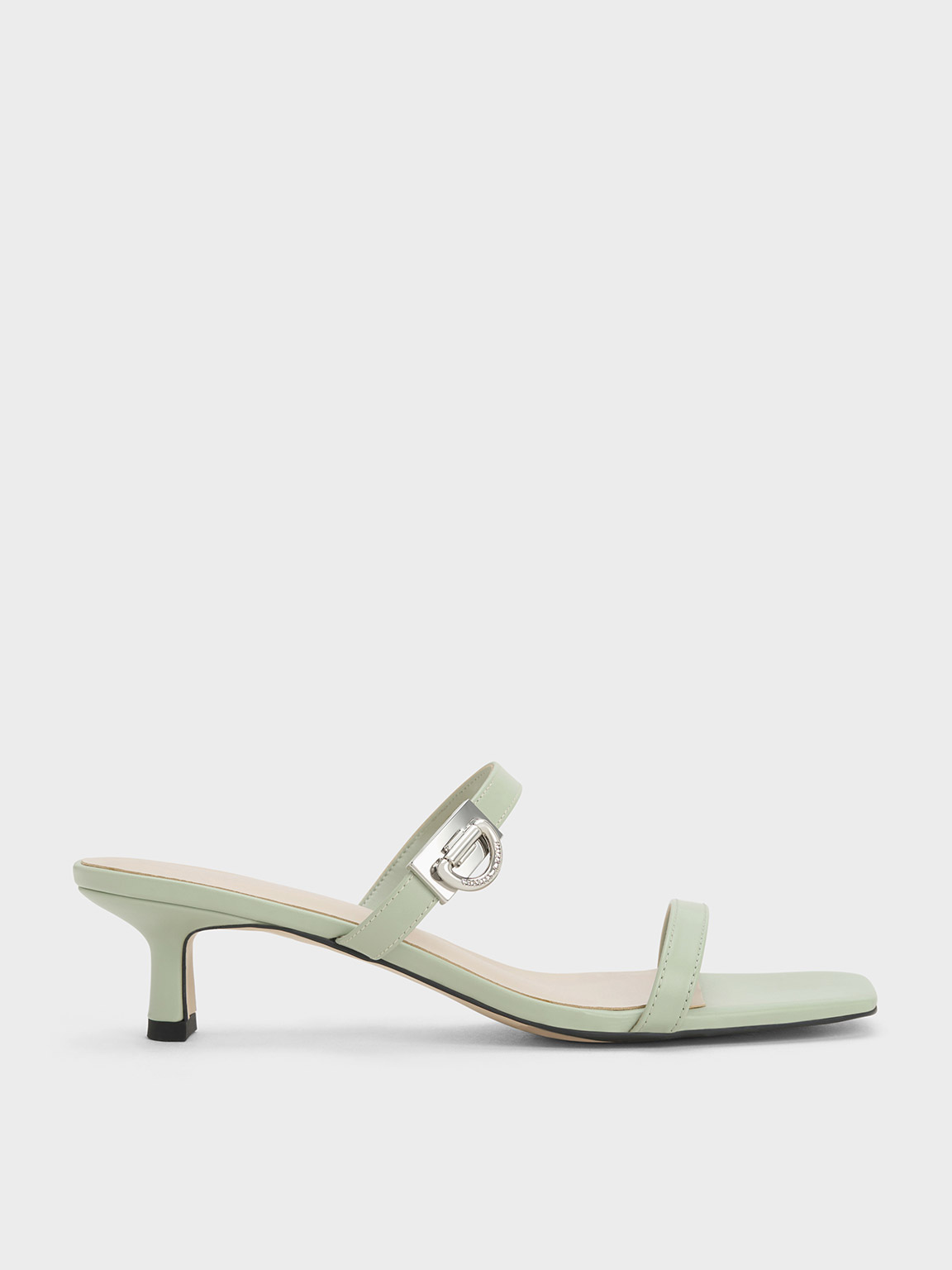 Charles & Keith Metallic Accent Double Strap Mules In Sage Green