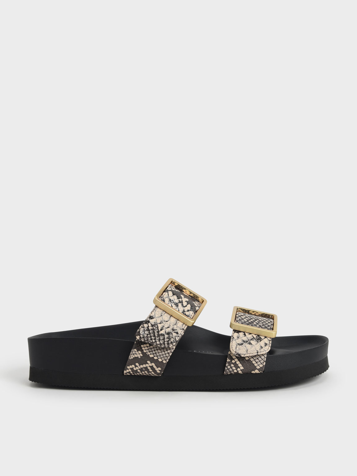 

Snake Print Buckle Strap Slide Sandals, Animal print natural
