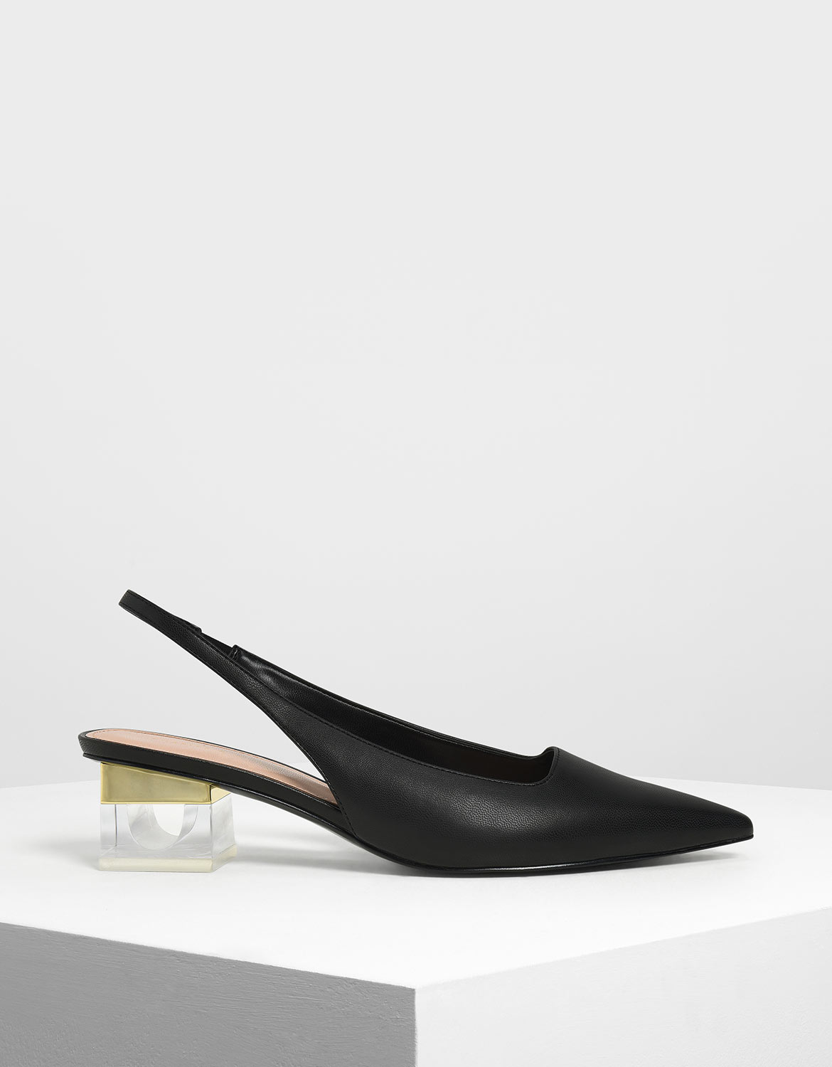 

Lucite Heel Slingback Pumps, Black