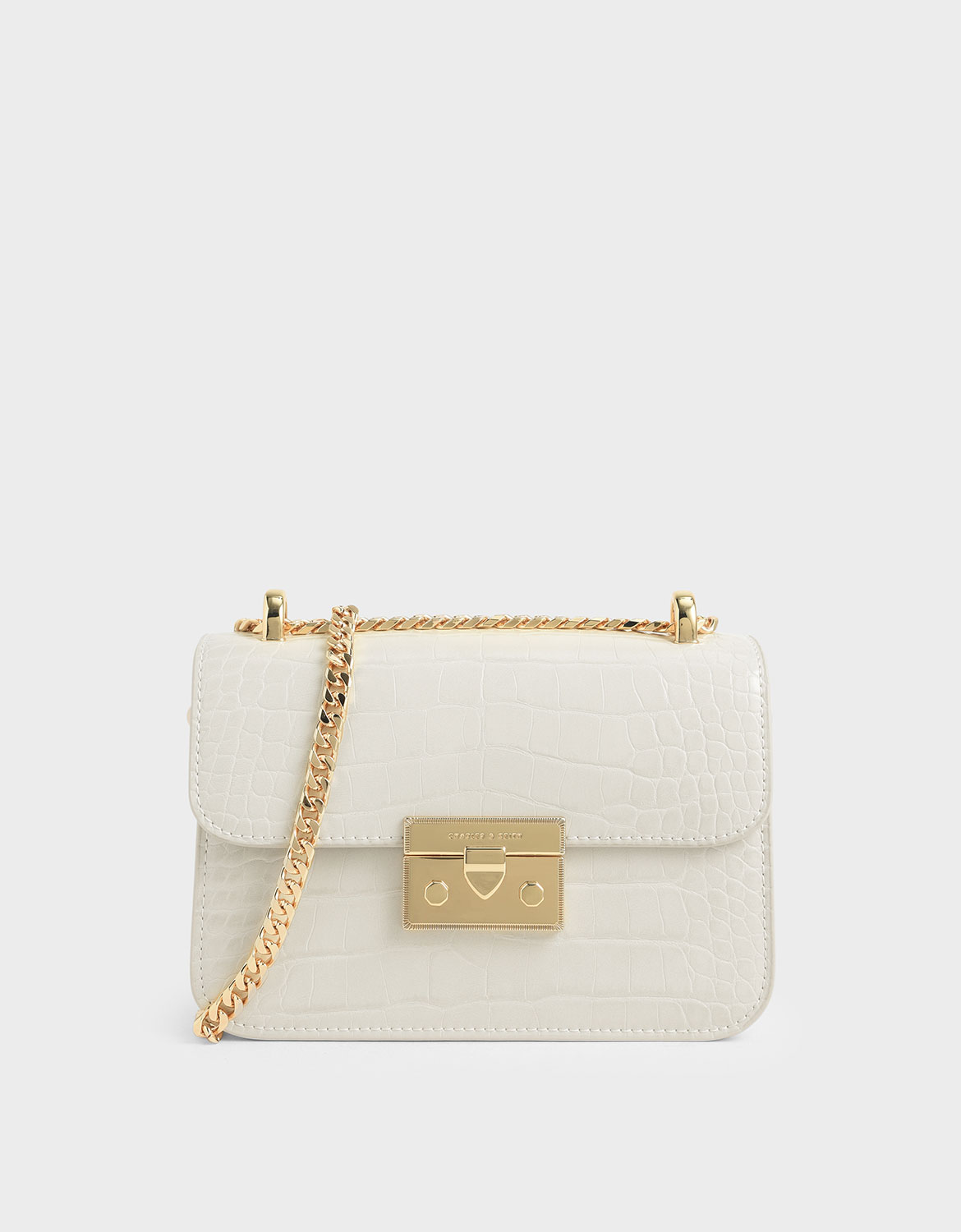 

Croc-Effect Chain Strap Crossbody Bag, Chalk