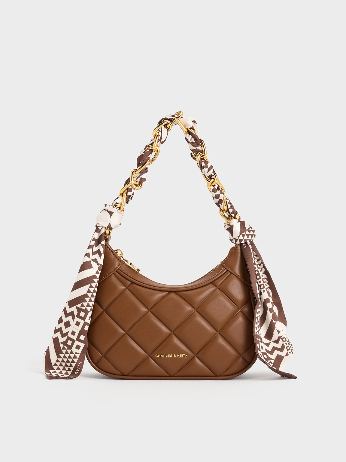 Charles & Keith Mini Alcott Scarf Handle Quilted Bag In Chocolate