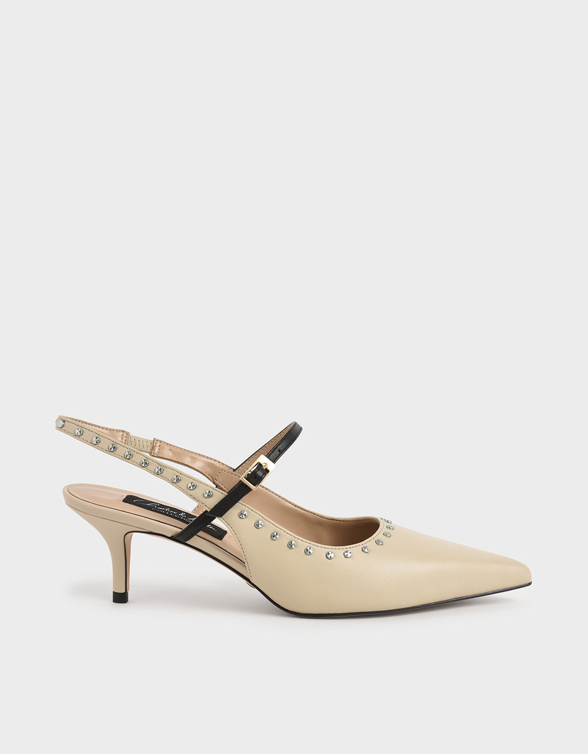

Studded Leather Slingback Pumps, Beige