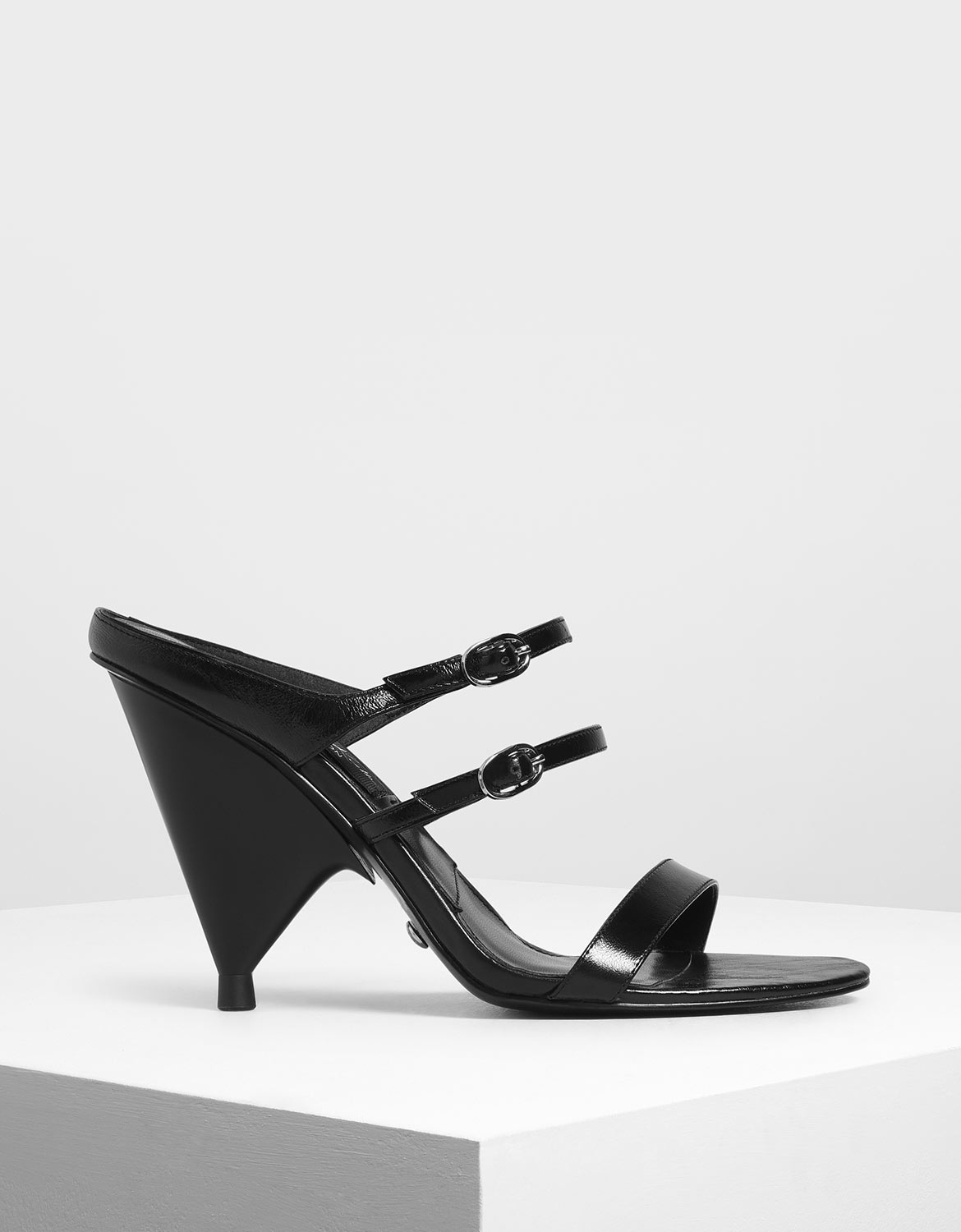 

Leather Double Strap Mary Jane Cone Heels, Black