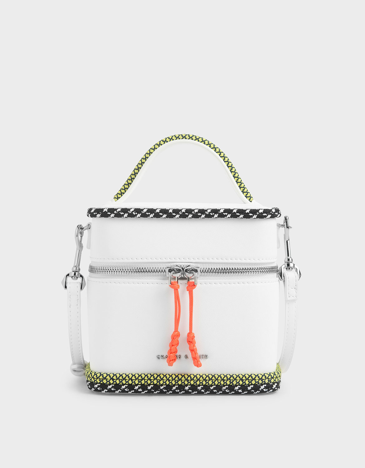 

Rope Trim Zip-Around Cylindrical Bag, White