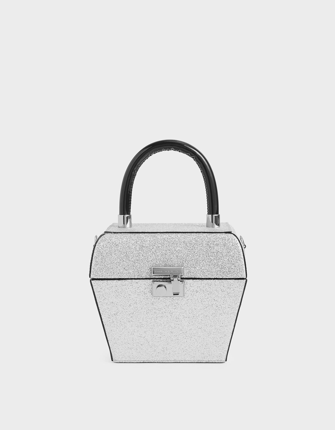 

Glitter Patent Sculptural Top Handle Bag, Silver