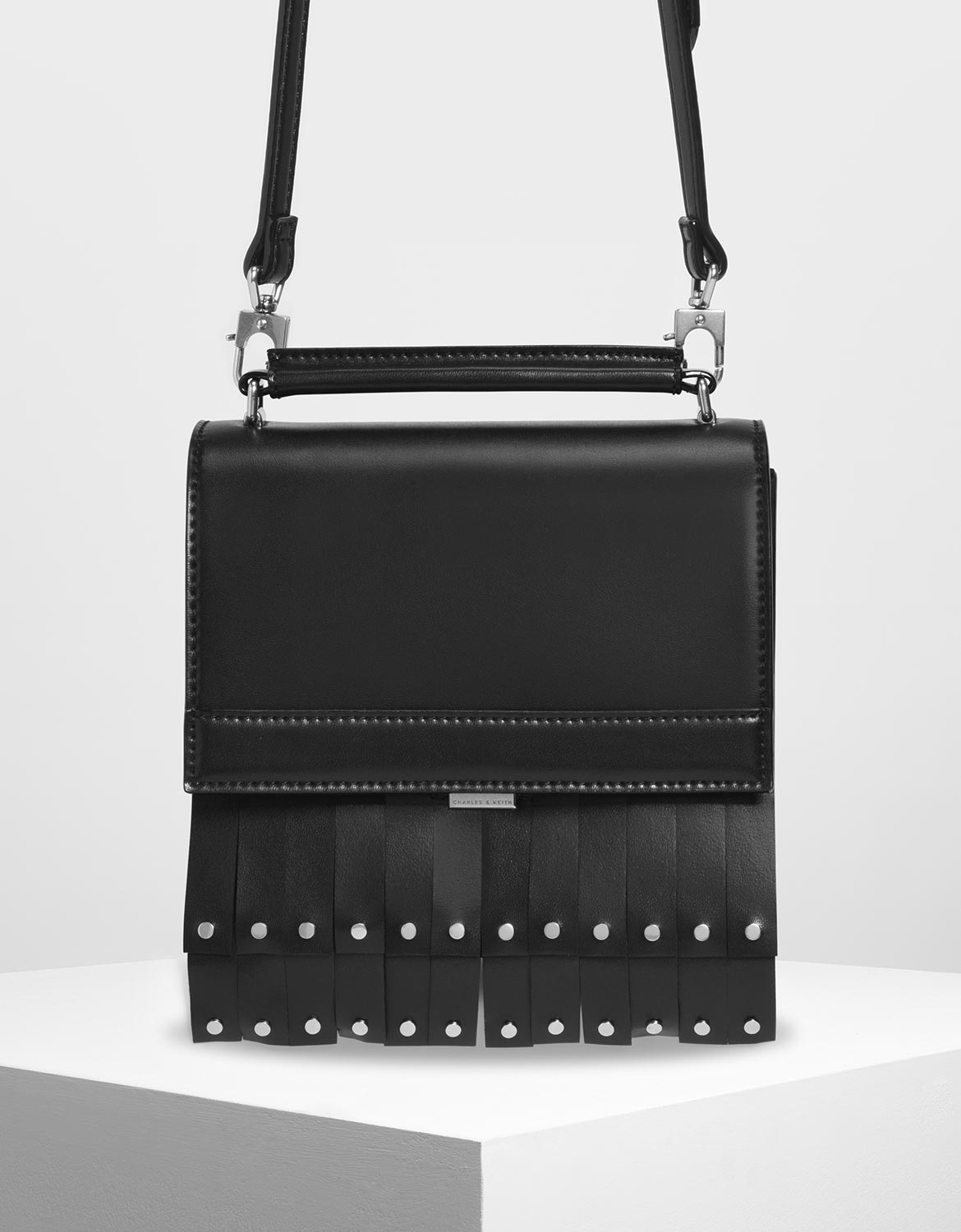 

Fringe Trim Top Handle Bag, Black
