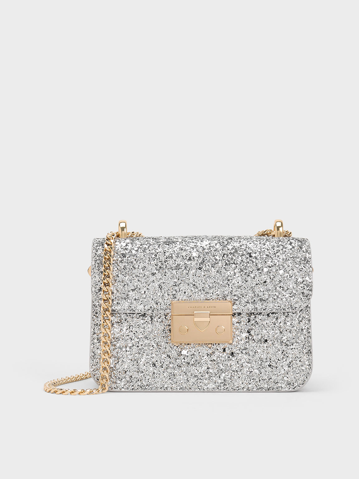 Glittered Push-Lock Chain-Handle Bag