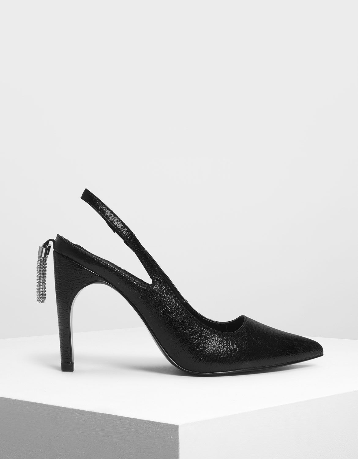 

Embellished Tassel Slingback Heels, Black