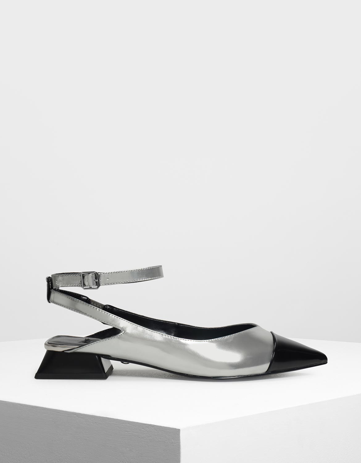 

Metallic Leather Block Kitten Heel Pumps, Pewter