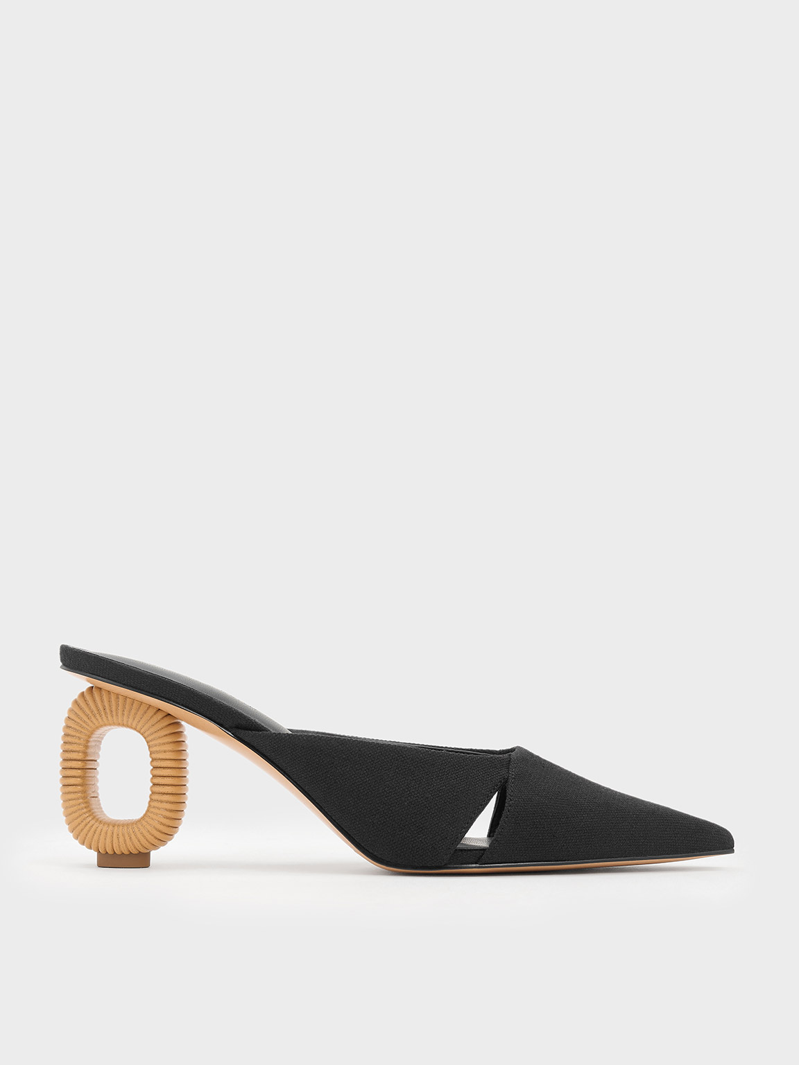 Shop Charles & Keith - Linen Cut-out Sculptural-heel Mules In Black Textured