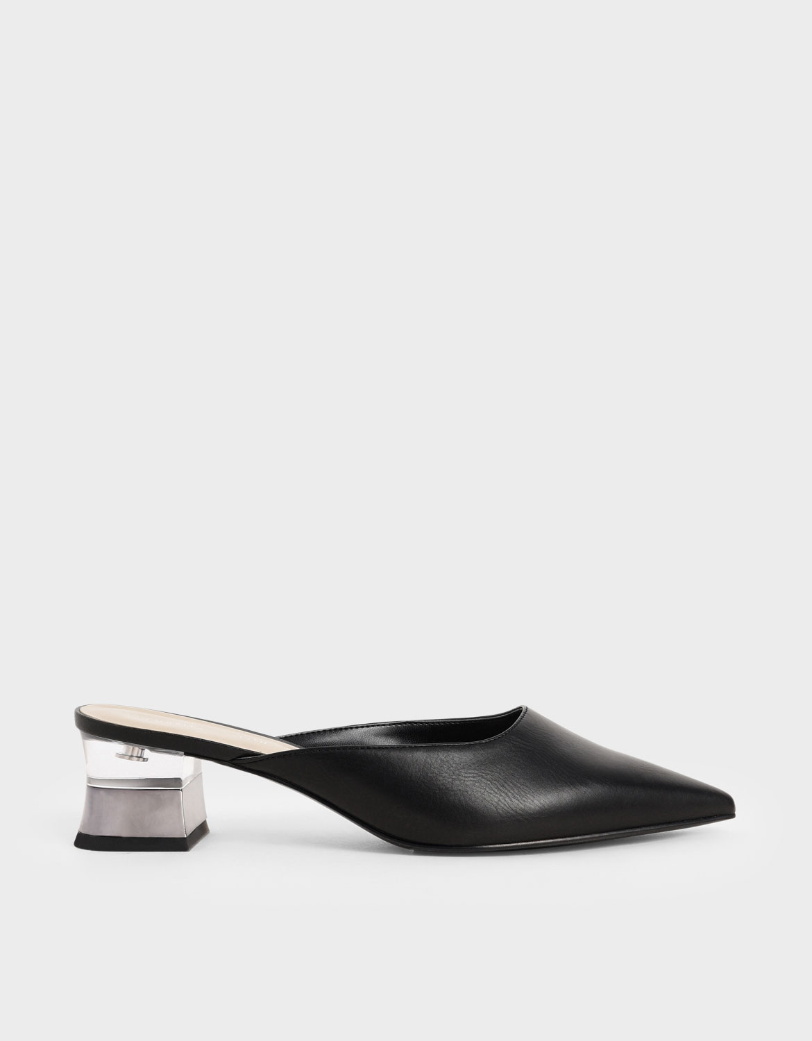 

Lucite Chrome Heel Mules, Black