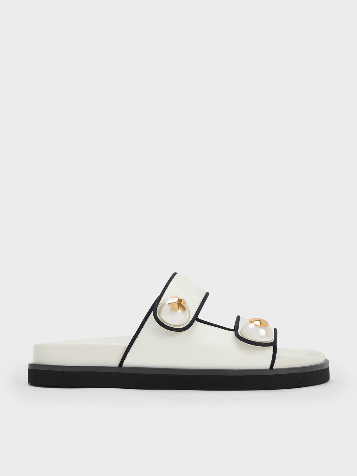 Charles & Keith Pearl Embellished Contrast-trim Slides In White