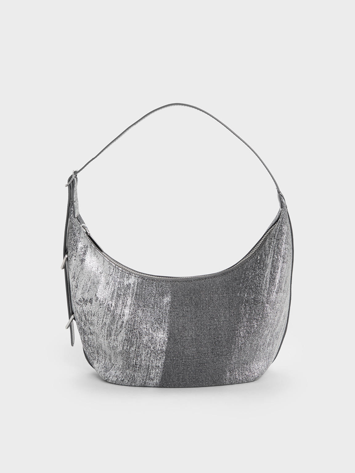 Charles & Keith - Bryna Denim Curved Hobo Bag In Silver Brushed Denim