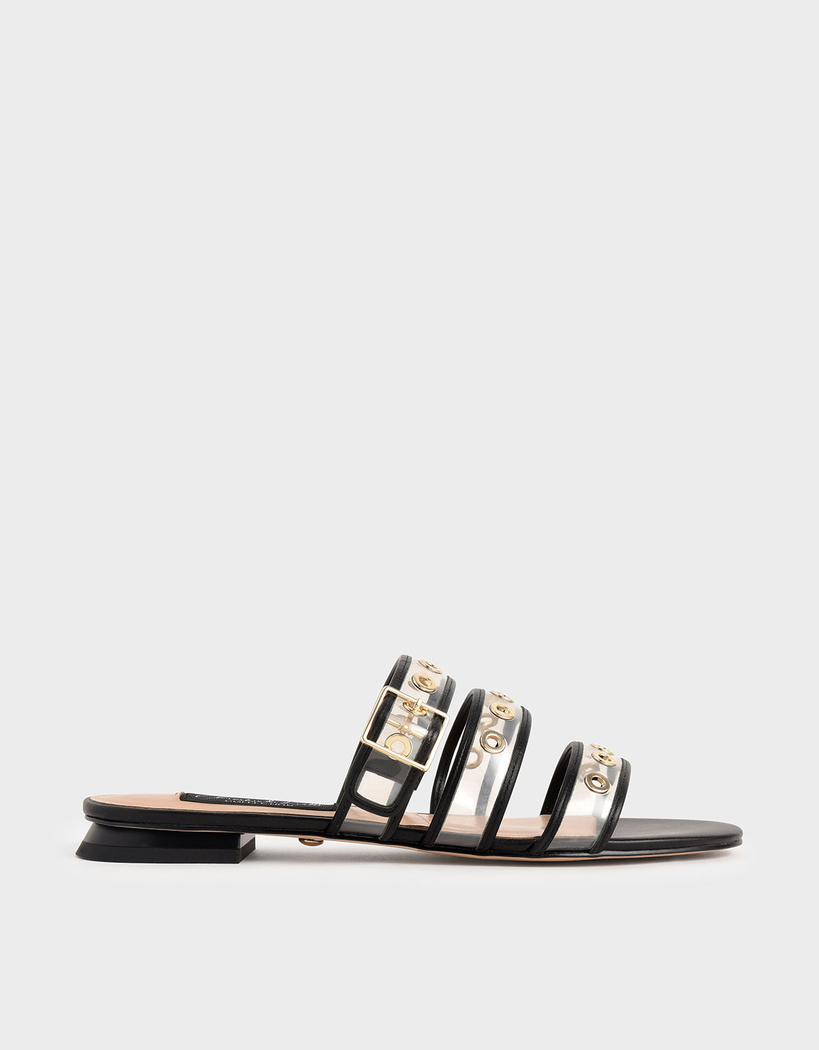 

Leather Eyelet-Embellished Slide Sandals, Black