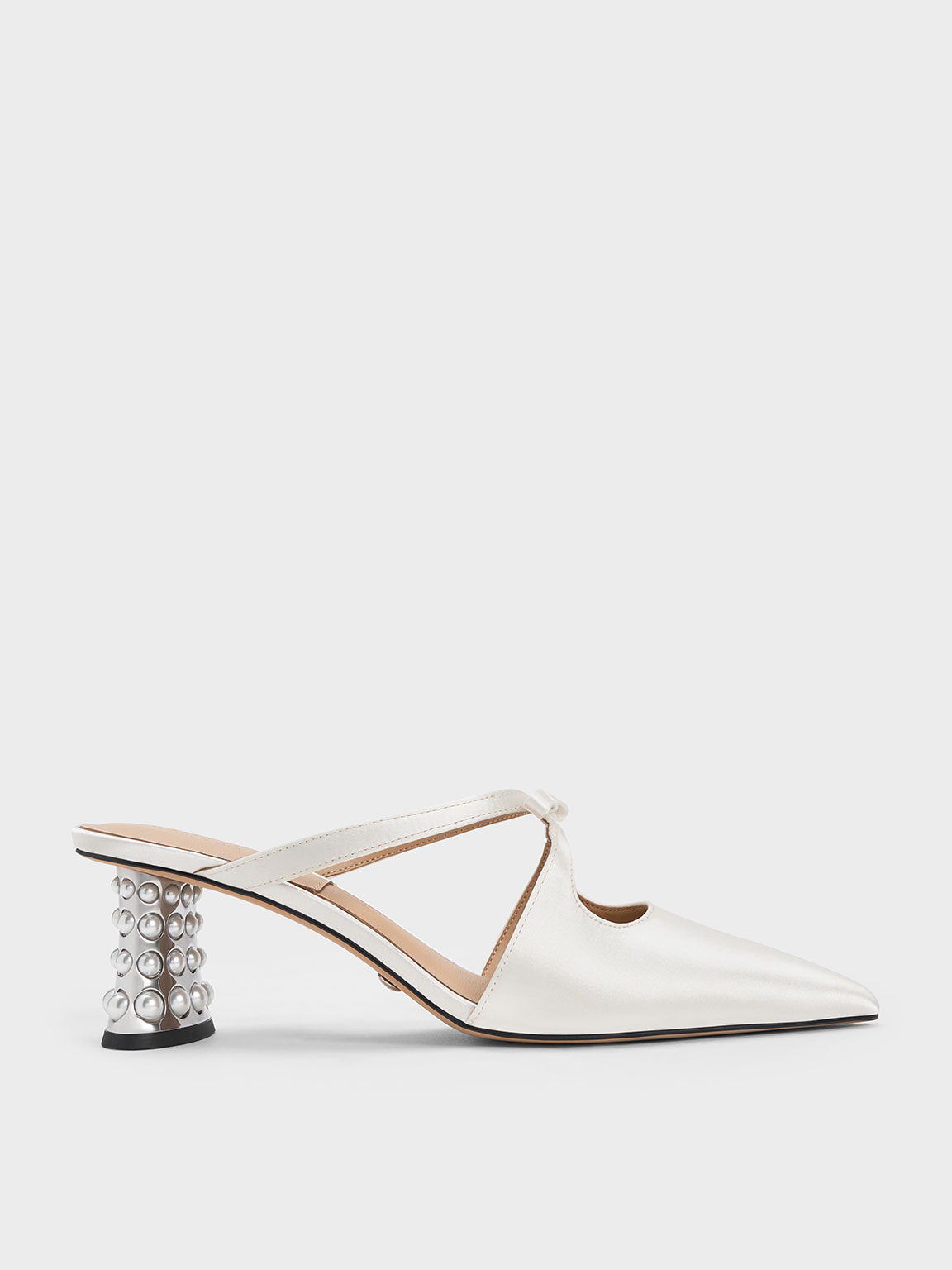 Charles & Keith Beaded Heel Bow Mules In White