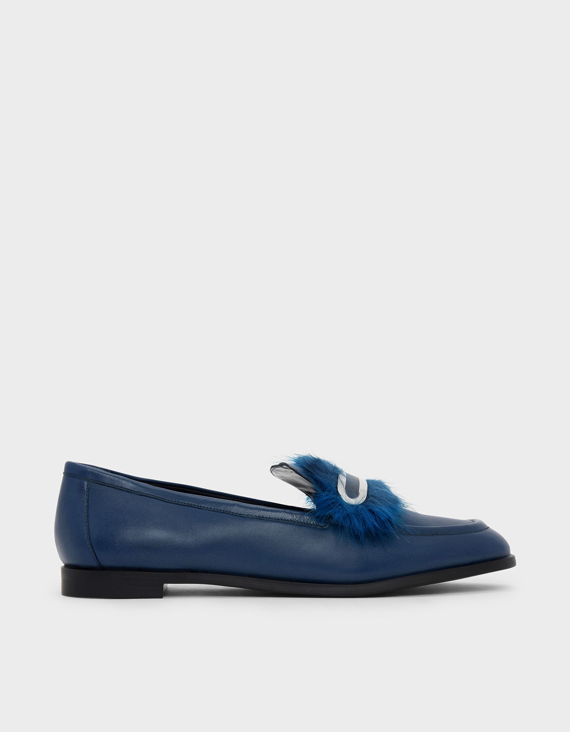 

Furry Detail Leather Penny Loafers, Dark blue