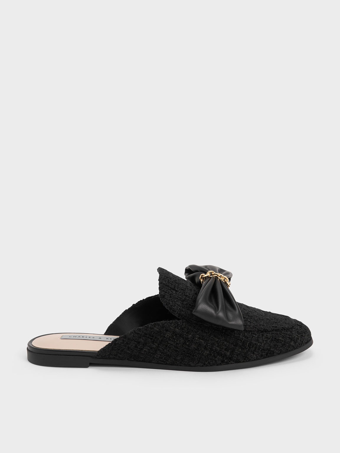 Shop Charles & Keith - Tweed Chain-link Bow Loafer Mules In Black Textured