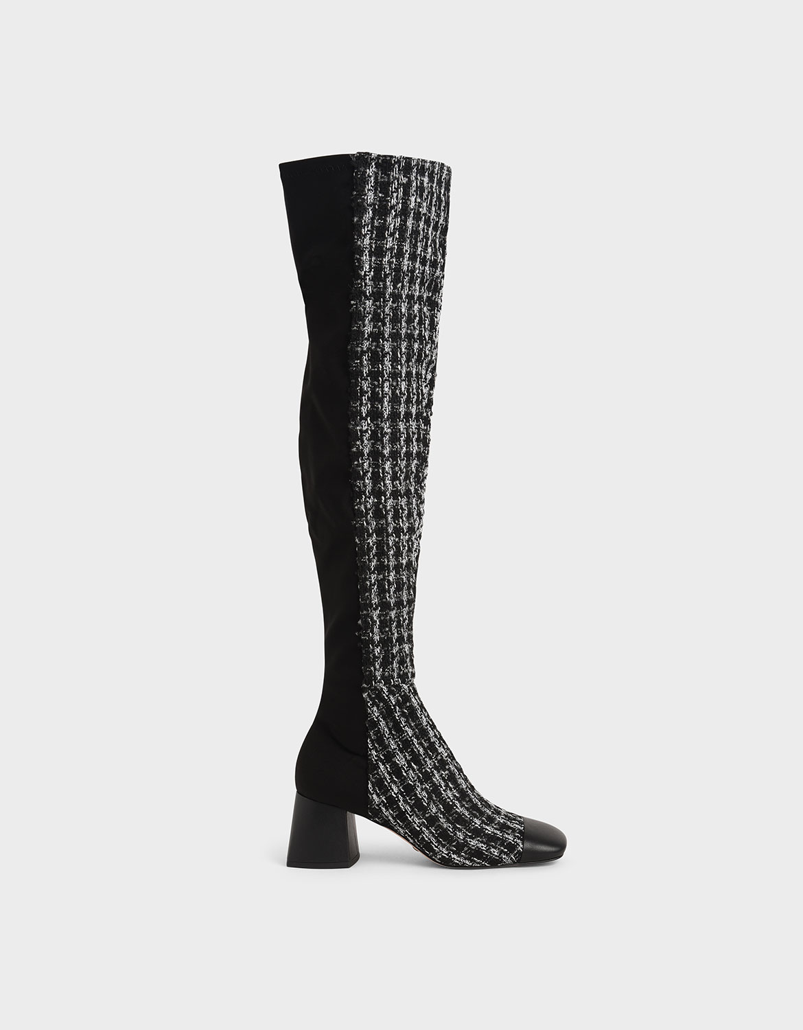 

Tweed & Leather Thigh High Boots, Multi