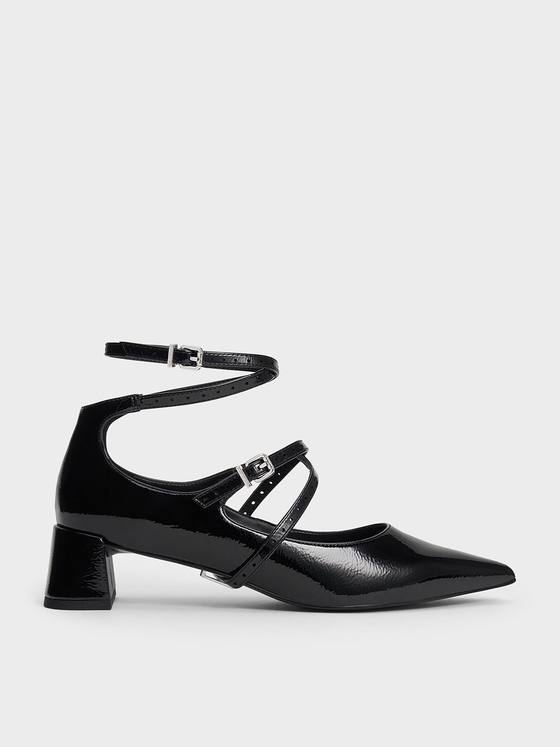 Black Crinkle-Effect Strappy Buckled Pumps | CHARLES & KEITH UK