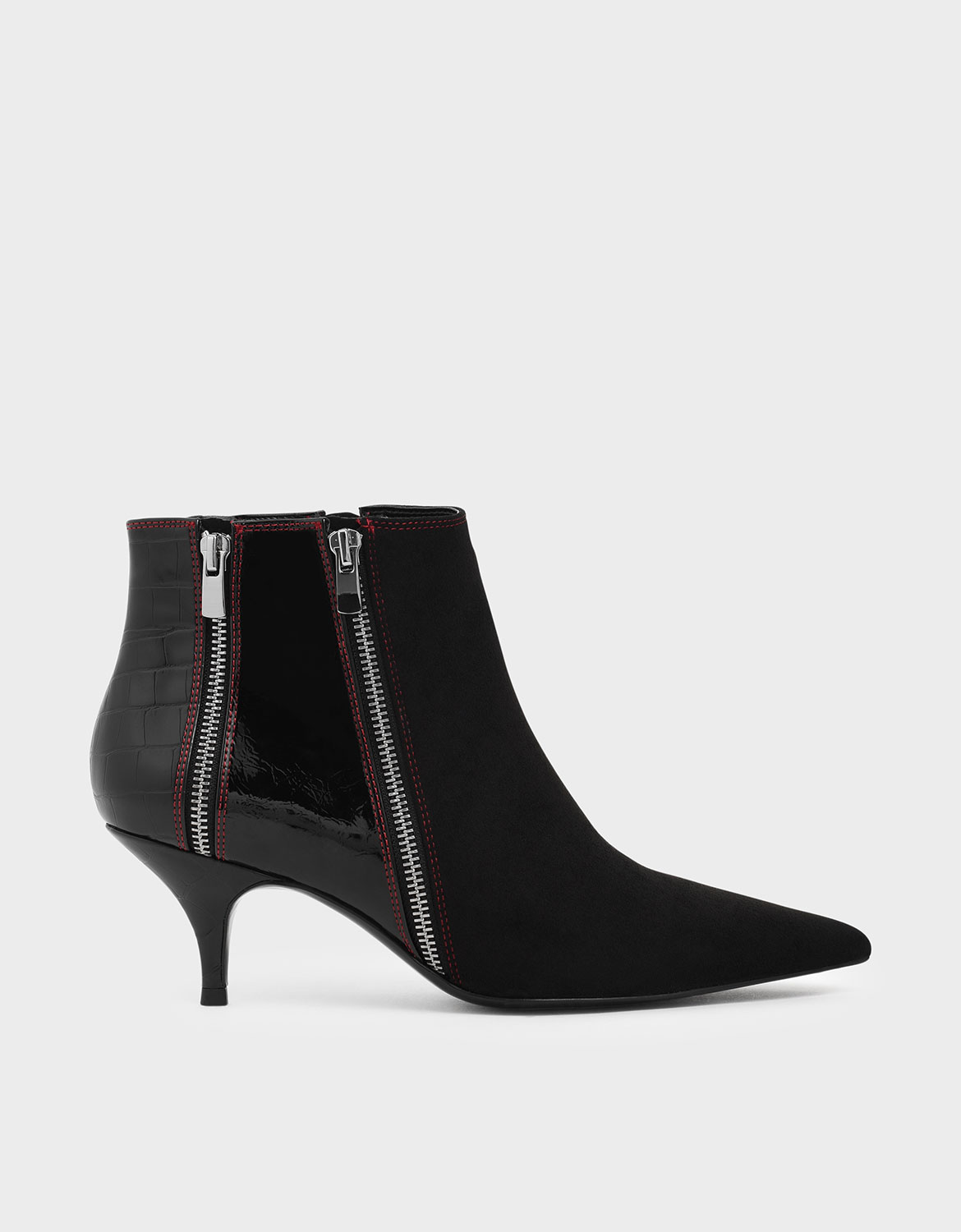 

Croc-Effect Wrinkled Patent Zip-Up Kitten Heel Ankle Boots, Black