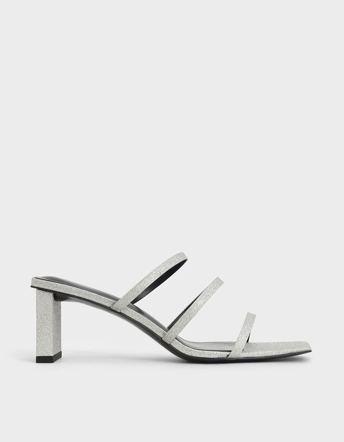 

Glitter Strappy Blade Heel Mules, Silver