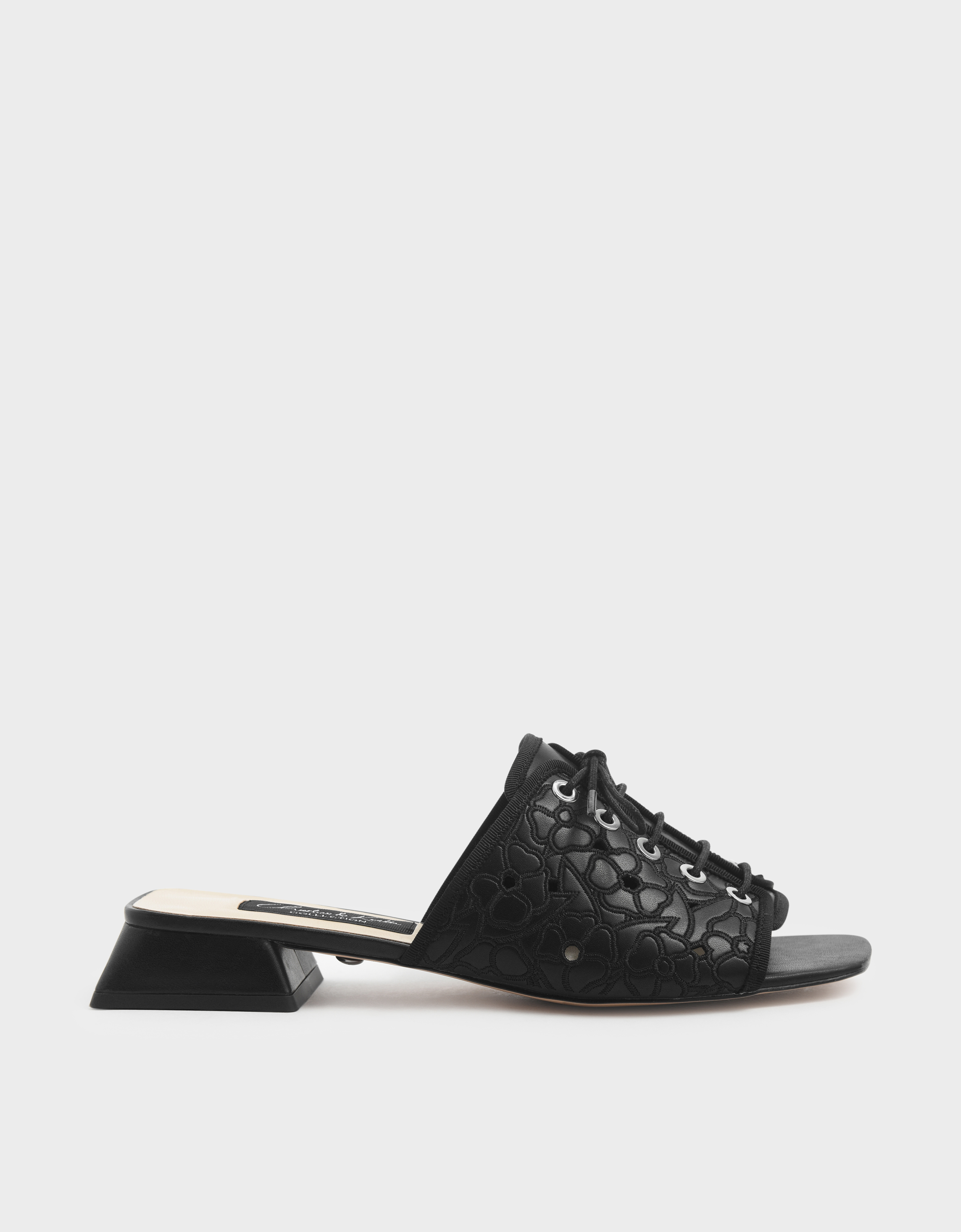 

Embroidered Lace-Up Slide Sandals, Black