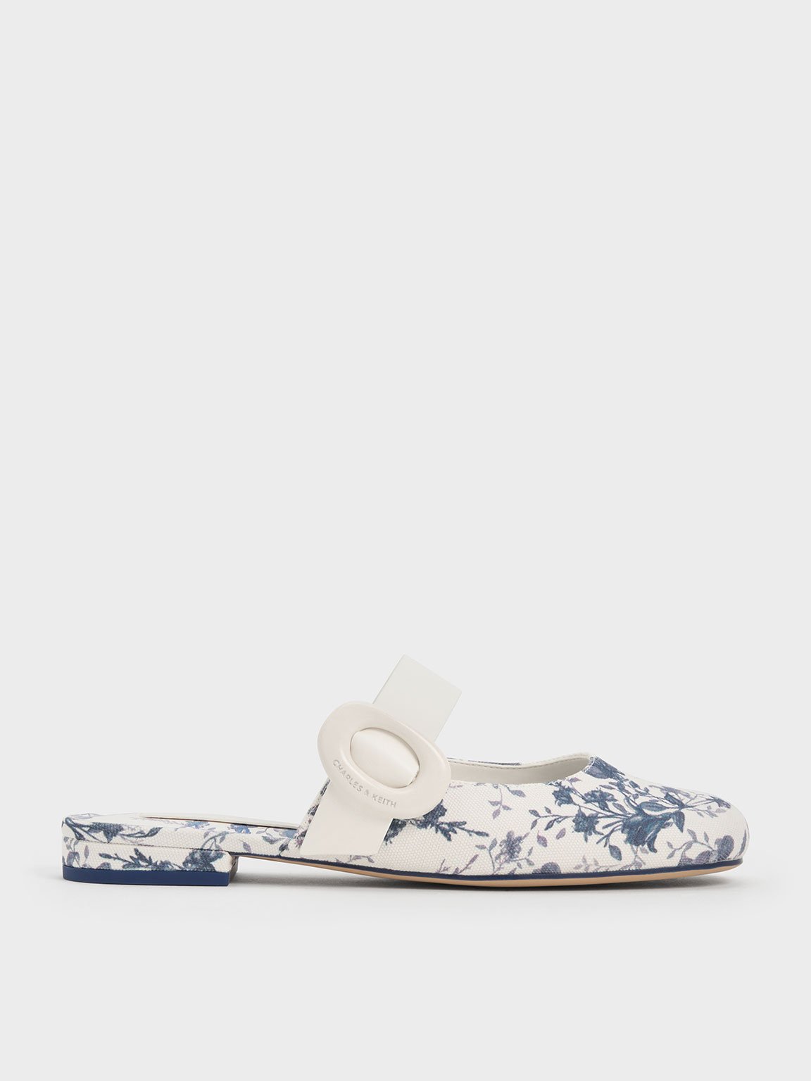 Floral-Print Oval-Buckle Flat Mules
