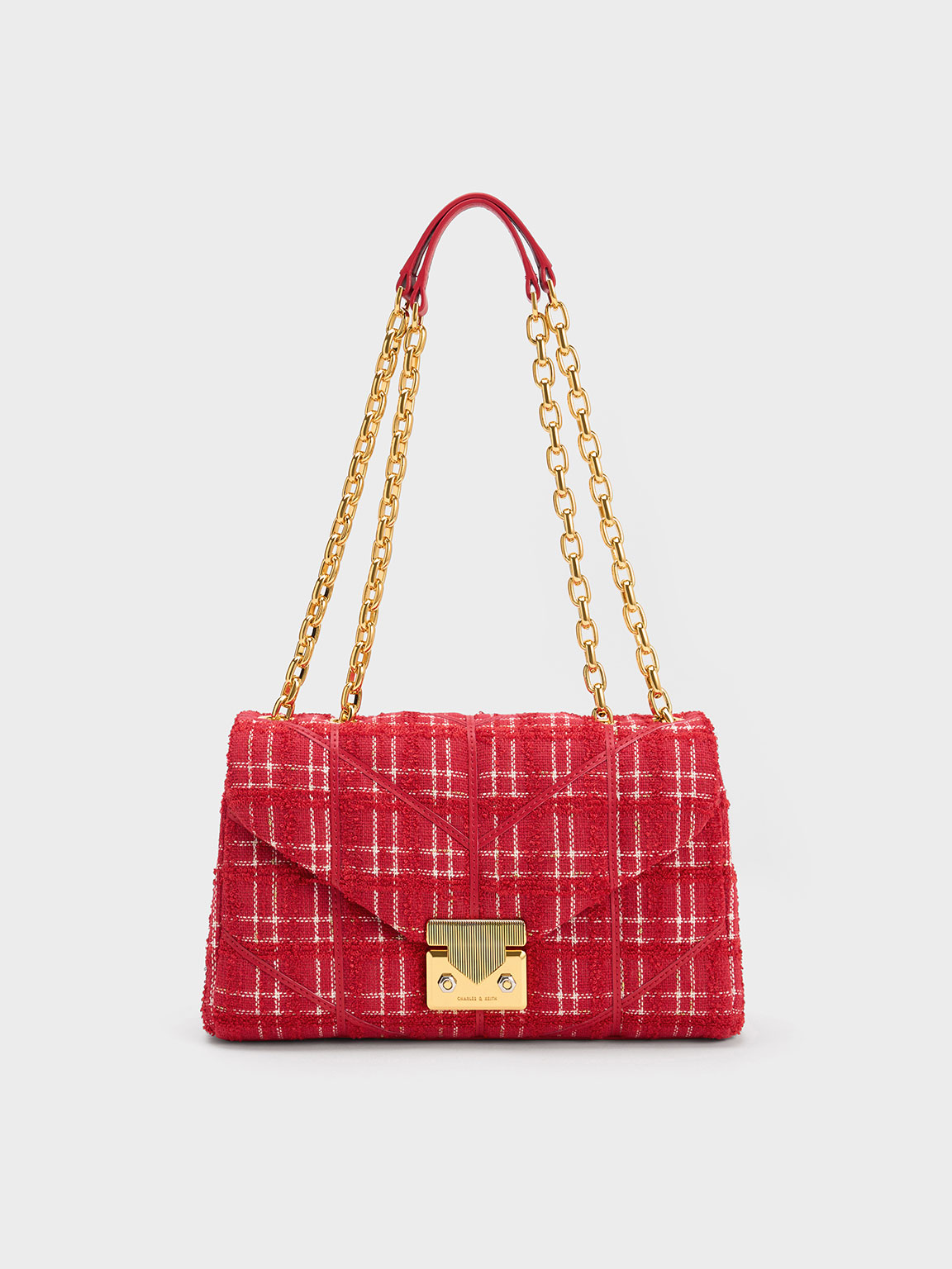 Charles & Keith Eudora Tweed Trapeze Bag In Red