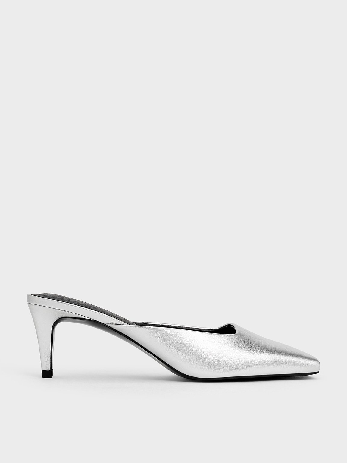 Charles & Keith - Metallic Square-toe Blade-heel Mules In Silver