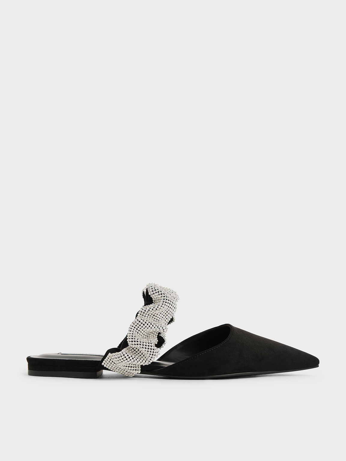 

Gem-Encrusted Ruched Strap Textured Mules