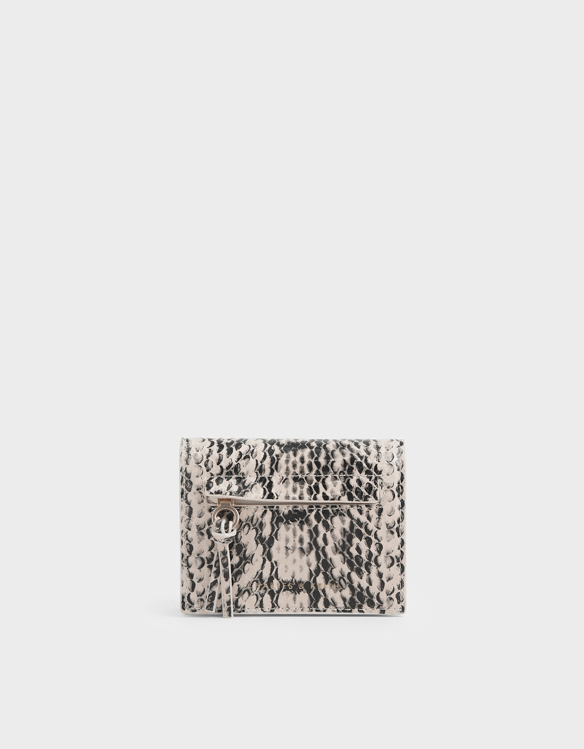 

Snake Print Front Zip Card Holder, Cream