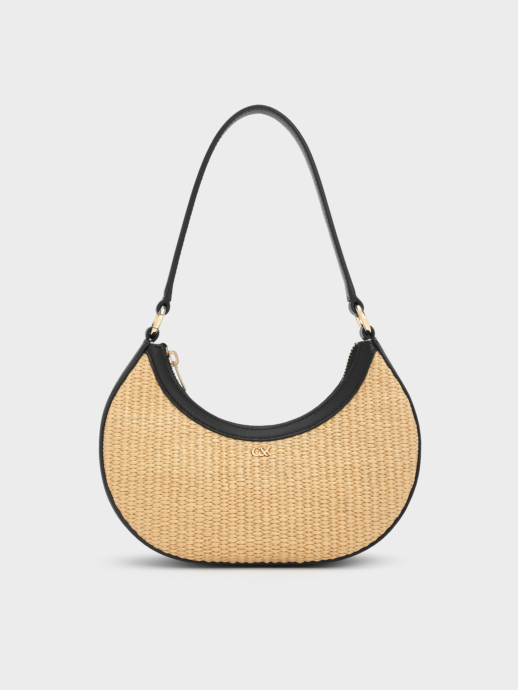 Charles & Keith - Leather & Raffia Crescent Hobo Bag