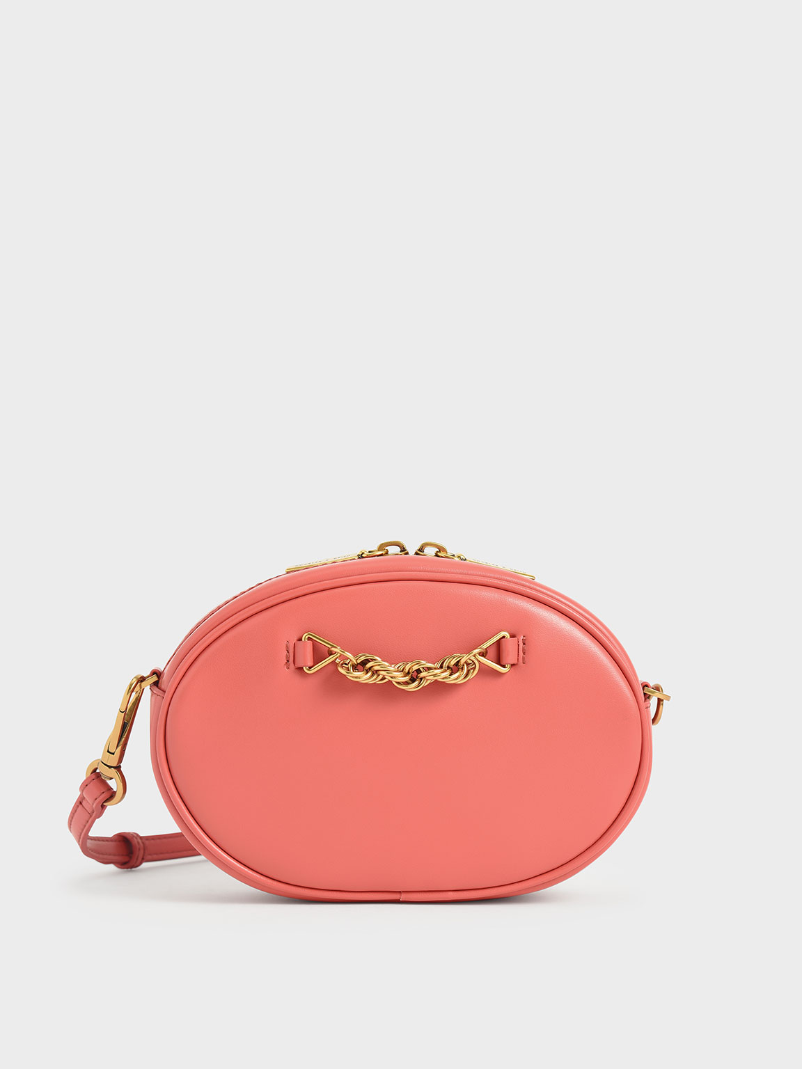 

Chain-Embellished Oval Crossbody Bag, Coral